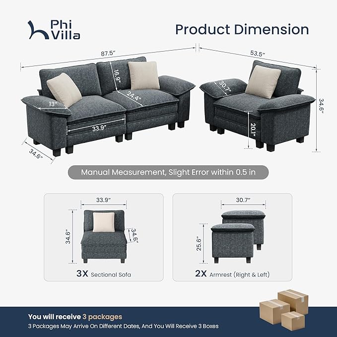 PHI VILLA Cloud Modular Couches Sets, 2 Pieces Sectional Sofa Set with Loveseat, 3-Seater Comfy Couch for Living Room Apartment, Chenille Fabric, Dark Cyan