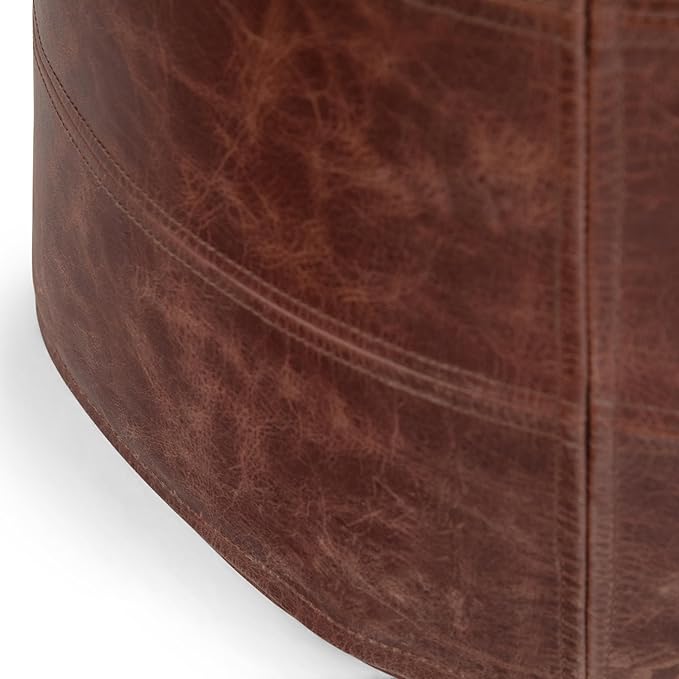 SIMPLIHOME Connor Boho Round Pouf in Distressed Brown Genuine Leather for the Living Room, Bedroom and Kids Room