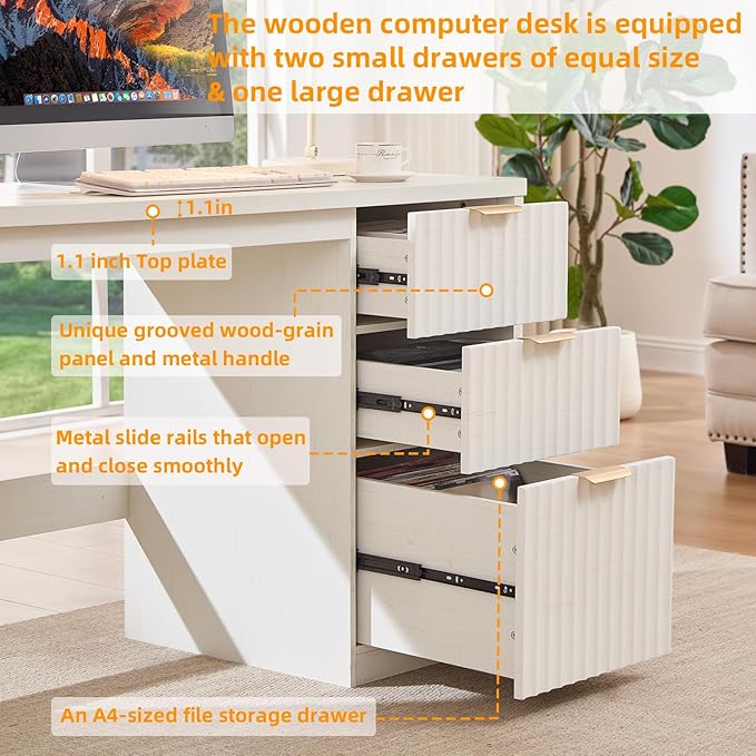48" Modern Fluted Executive Desk with Storage Cabinet, White Wood Home Office Desk with File Drawer & Metal Handles, Large Computer Writing Table for Office,Study, Living Room, Bedroom