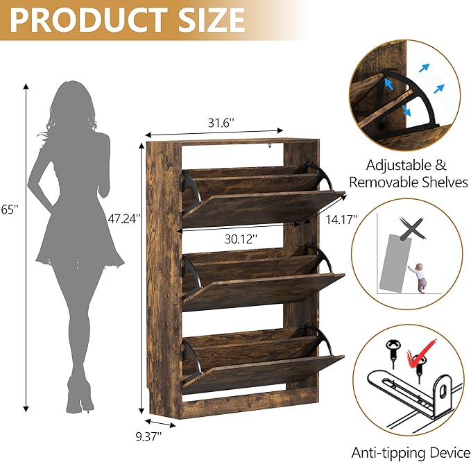 Shoe Storage Cabinet with 3 Flip Drawers, Slim Hidden Wood Shoe Cabinet Storage for Entryway, Freestanding Narrow Shoe Rack Organizer with Adjustable Shelves for Foyer, Hallway, Brown