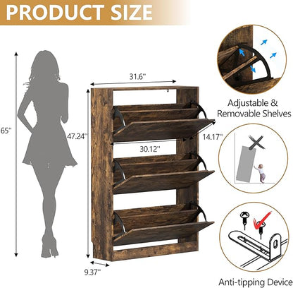 Shoe Storage Cabinet with 3 Flip Drawers, Slim Hidden Wood Shoe Cabinet Storage for Entryway, Freestanding Narrow Shoe Rack Organizer with Adjustable Shelves for Foyer, Hallway, Brown