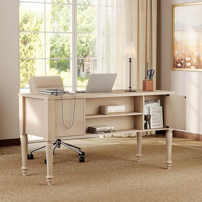 WAMAPT Farmhouse Executive Desk with 5 Drawers, Home Office Desk with Charging Station, Wood Computer Desk with File Cabinet Storage, Door, Open Shelf for Work and Study, Light Oak, 55 inch