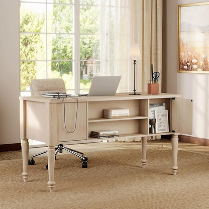 WAMAPT Farmhouse Executive Desk with 5 Drawers, Home Office Desk with Charging Station, Wood Computer Desk with File Cabinet Storage, Door, Open Shelf for Work and Study, Light Oak, 55 inch