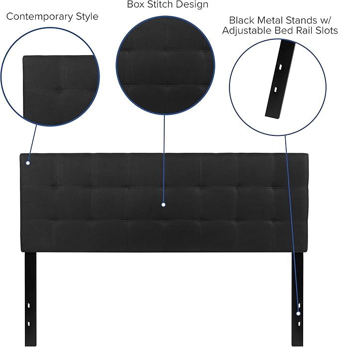 EMMA + OLIVER Quilted Tufted Upholstered Queen Size Headboard in Black Fabric