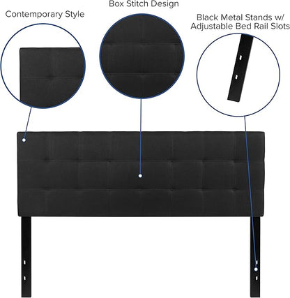 EMMA + OLIVER Quilted Tufted Upholstered Queen Size Headboard in Black Fabric