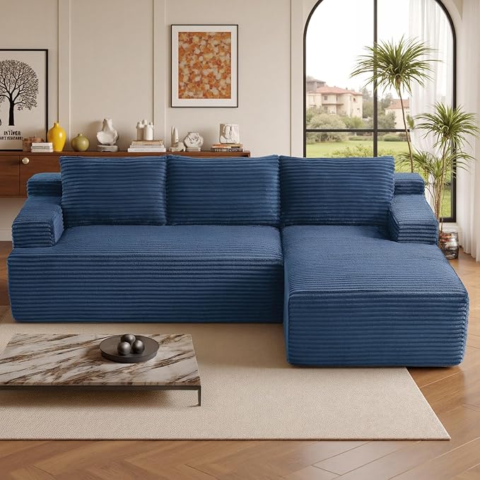 96''Sectional Couches for Living Room,Modern Modular Sectional Sofa,Upholstered Boneless Couch with Pockets,Comfy Cloud Couch with L Shaped Chaise(Blue, 96''W Right Facing Chaise)