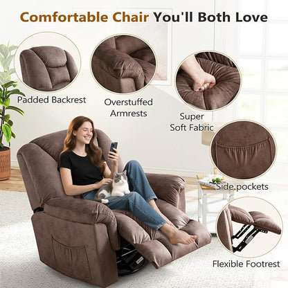 ANJ 2PCS Oversized Rocker Recliner Chairs Set, Manual 360° Swivel Recliners, Comfy Glider Rocking Chairs for Big Man, Extra Wide Overstuffed Reclining Chairs with Side Pocket for Living Room, Camel