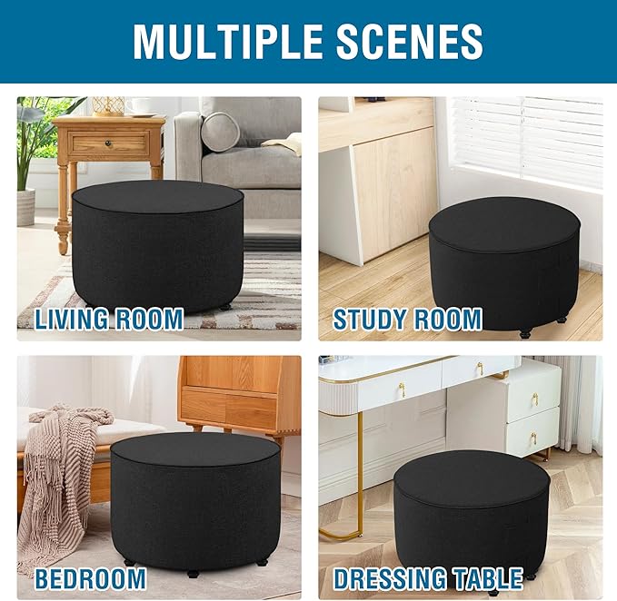H.VERSAILTEX Round Ottoman Cover Thick Linen Look Ottoman Slipcover Round Ottoman Storage Cover Folding Stool Covers Furniture Protector Cover for Footrest Ottoman Fit Dia 36" - 38", Heather Black