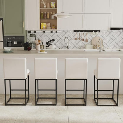 27" Height Cream Fabric Bar Stools Set of 2 Counter Height Stools with Back and Footrest for Kitchen Modern Metal Barstools, Linen Upholstered Farmhouse Bar Chairs Island Stool