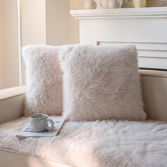 Neelvin Beige Faux Fur Cozy Fluffy Double-Sided Decorative Throw Pillow Covers 16x16 inch Set of 2,Velvet Pillowcase Cushion Case for Sofa Couch
