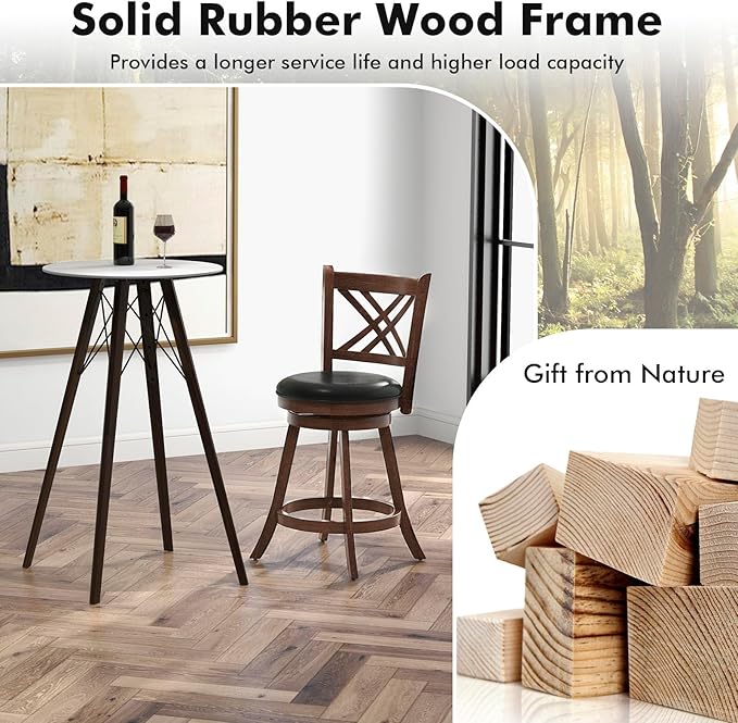 COSTWAY Bar Stool Set of 4 for Kitchen Island, Swivel Upholstered Counter Height Barstools with PU Surface, Rubber Wood Frame, 360° Rotatable Seat, Curved Back, Sturdy Footrest (4, 24" Seat Height)