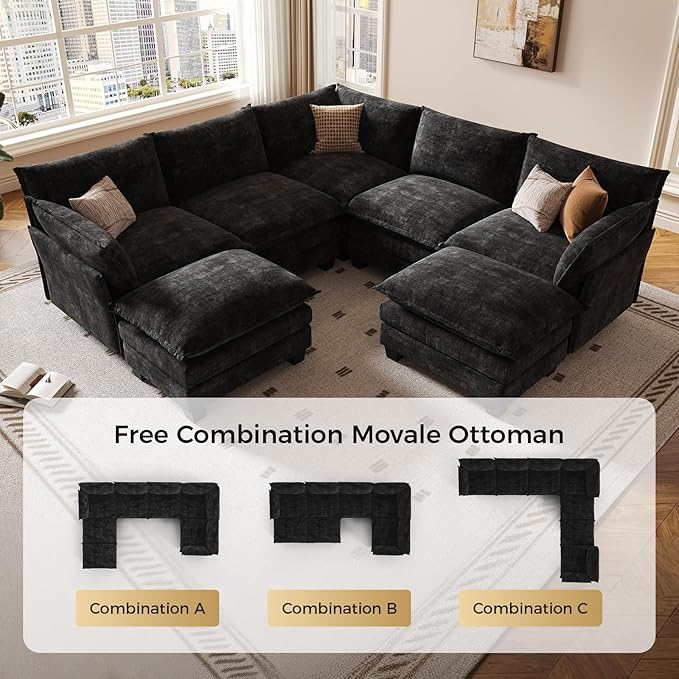 KKL 120" Modular Sectional Sofa, Large V Shape 7 Seater Convertible J/L/U-Shaped Modern Sectional Couch with Ottoman, Chenille Sectional Couches for Living Room, Apartment, Black