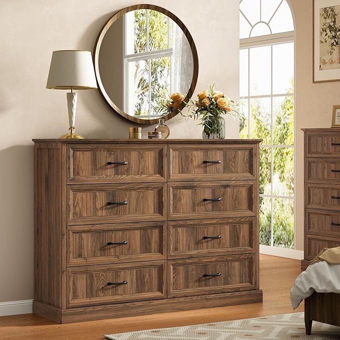 CARPETNAL Farmhouse 8 Drawer Dresser for Bedroom, 55 Inch Wide Modern Brown Dresser TV Stand with Large Drawers & Bar Handles, Rustic Wood Chest of Drawers for Bedroom, Living Room, Hallway, Entryway.