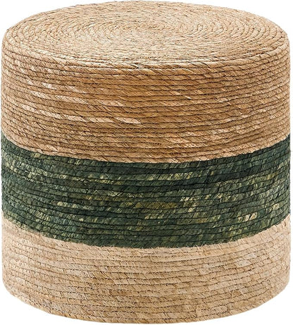 Wimarsbon 18'' Ottoman Pouf, Natural Braided Poof, Rustic Handweave Lounge Pouffe, Boho Footrest Stool for Bedroom, Accent Table for Living Room (18inch Natural Cattail + Green Corn Husk)
