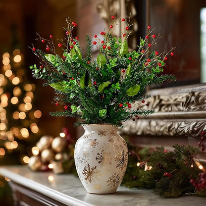 2PCS Artificial Pine Branches with Red Berry Pine Cones Artificial Needles Branches Greenery Stems Fake Greenery Floral Arrangements