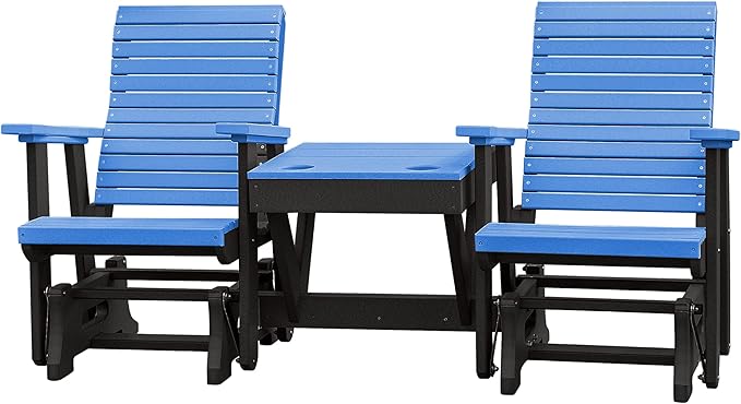DutchCrafters Modern Horizontal Slat High Back Poly Double Glider Chairs with Center Table Outdoor Patio Furniture (Black & Blue)