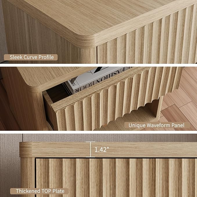 22.8" Fluted Nightstands Set of 2, Large Modern Nightstand with Drawer and Storage Shelf, Oak Finish & Cream, Mid Century Night Stands for Bedroom Living Room Sofa Couch Office, Natural Color