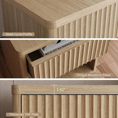 22.8" Fluted Nightstands Set of 2, Large Modern Nightstand with Drawer and Storage Shelf, Oak Finish & Cream, Mid Century Night Stands for Bedroom Living Room Sofa Couch Office, Natural Color