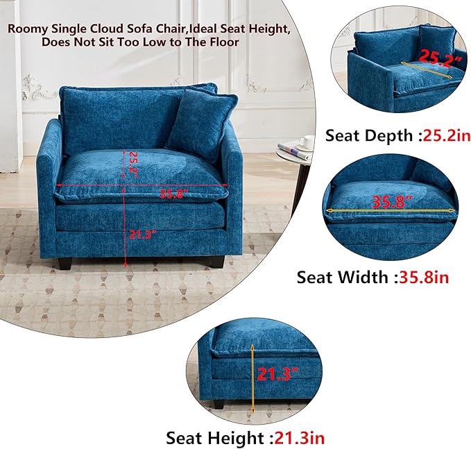 Aoowow Chenille Upholstered Accent Chair Oversized,Fluffy Single Cloud Sofa Chairs with Deep Seat,Modern Large Reading Arm Chair with Throw Pillow for Living Room,Bedroom (Blue, Single Sofa Chair)