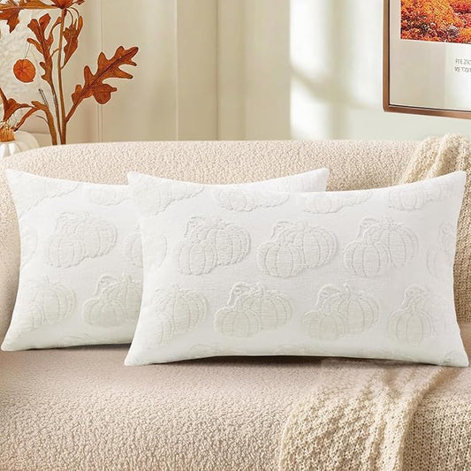 decorUhome Decorative Two Cream White Pumpkins Thanksgiving Throw Pillow Covers 12x20 Set of 2, Soft Chenille Jacquard Farmhouse Textured Pillow Covers for Couch Sofa Autumn Harvest Halloween Holiday