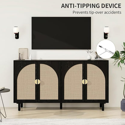 Black Sideboard Cabinet with 4 Rattan Doors, Rattan Buffet Cabinet with Adjustable Shelves & Pine Legs, Boho Sideboard Buffet for Living Room, Kitchen, Entryway, Black