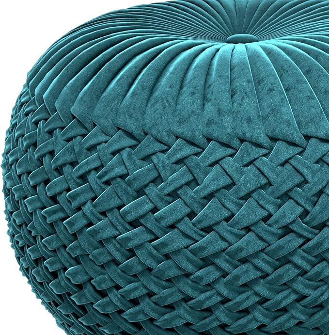 SIMPLIHOME Grafton Transitional Round Pouf in Teal Velvet Fabric for the Living Room, Bedroom and Kids Room
