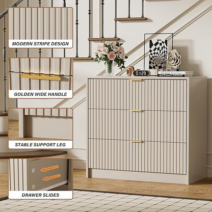 Beige Dresser for Bedroom, Modern Dresser with 3 Drawers and Smooth Slides, Wide Chest of Drawers with Golden Handles for Bedroom, Living Room, Closet, 15.7" D x 31.5" W x 29.6" H