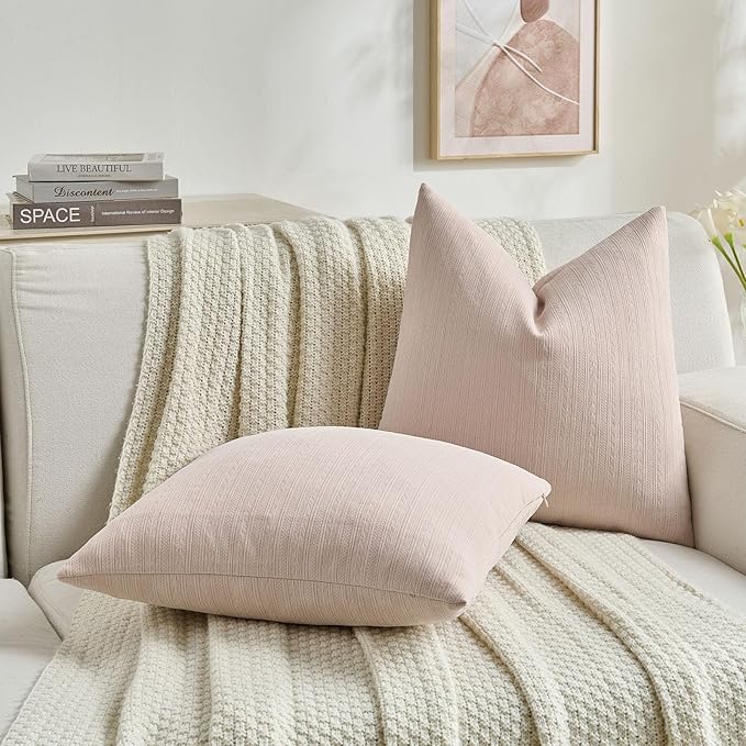 FUTEI Pink Decorative Throw Pillow Covers 18x18 Inch Set of 2,Soft Cozy Wheat Ear Striped Patterns Cushion Cases,Modern Home Decor for Couch Bed Living Room