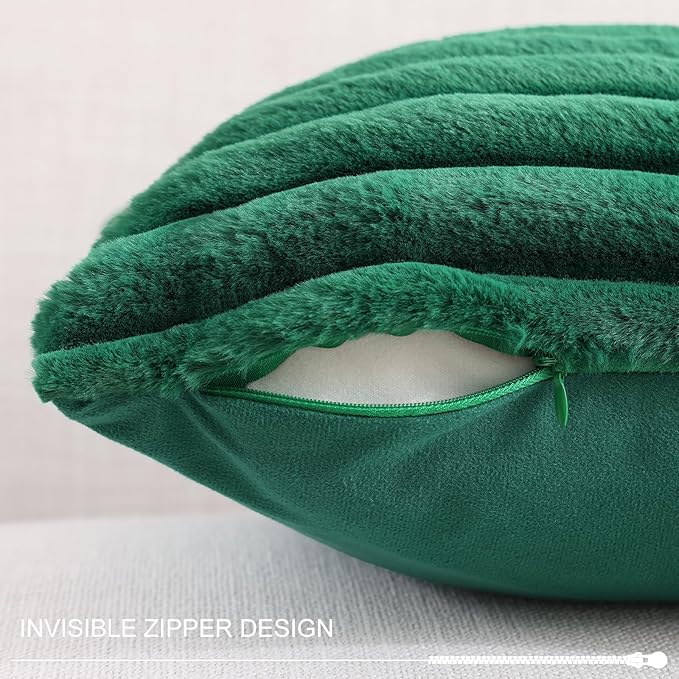 Pallene Faux Fur Plush Christmas Throw Pillow Covers 18x18 Set of 2, Luxury Soft Fluffy Striped Decorative Pillow Covers for Sofa, Couch, Living Room, Christmas Green