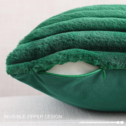 Pallene Faux Fur Plush Christmas Throw Pillow Covers 18x18 Set of 2, Luxury Soft Fluffy Striped Decorative Pillow Covers for Sofa, Couch, Living Room, Christmas Green