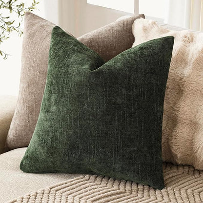 Foindtower Pack of 2 Soft Textured Chenille Throw Decorative Pillow Covers Square Accent Solid Cushion Cover Neutral Farmhouse Pillow Case for Couch Sofa Bedroom Living Room 24x24 Inch,Dark Green