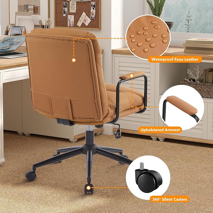 Furniliving Leather Home Desk Chair, Comfortable Executive Office Chair with Wheels, Ergonomic Computer Task Chair Adjustable Height, Brown