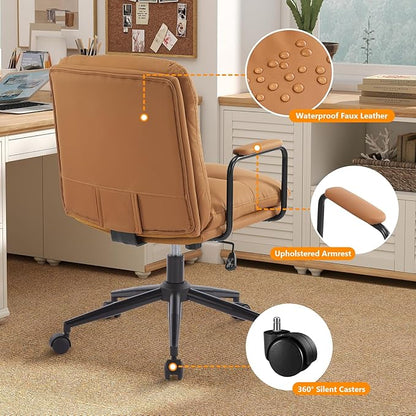Furniliving Leather Home Desk Chair, Comfortable Executive Office Chair with Wheels, Ergonomic Computer Task Chair Adjustable Height, Brown