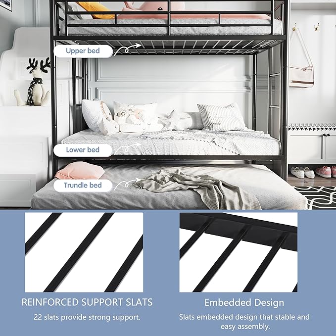 SUNLEI Bunk Bed Twin Over Twins with Trundle, Metal Loft Bed with 2 Secured Ladders, Trundle Beds Twin Safety Guard, Space-Saving, Noise Free for Small Bedroom, Black (Twin Over Twins)