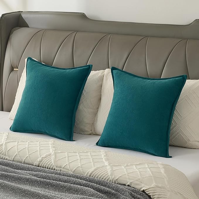 FUTEI Teal Chenille Throw Pillow Covers 18x18 Inch Set of 2,Edges Double-Stitched Cushion Cases,Modern Home Decor for Couch Living Room