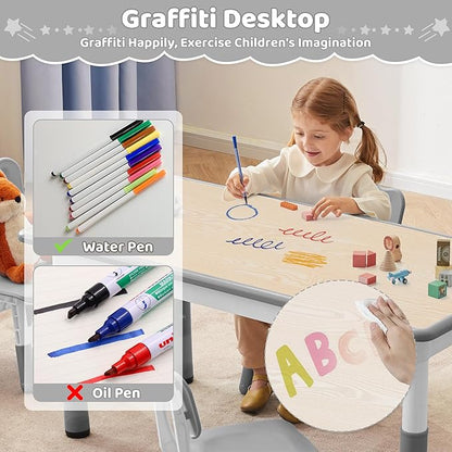 Toddler Table, 7 Level Height Adjustable Kids Play Furniture for Ages 3-8, Rectangular Plastic, 23.6" W x23.6 L, Multi-Activity Desk with Graffiti Desktop for Home & Daycare