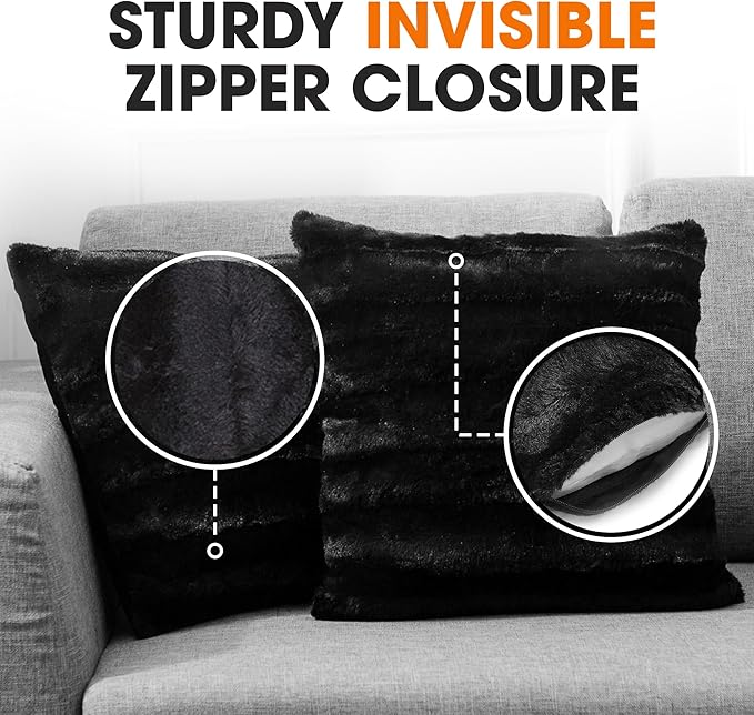 Cheer Collection Faux Fur Throw Pillows - Decorative Pillows for Couch, Bed Throw Pillows, Black Accent Pillows for Bedroom or Living Room Aesthetic, Set of 2 Furry Throw Pillows, 18”x18”