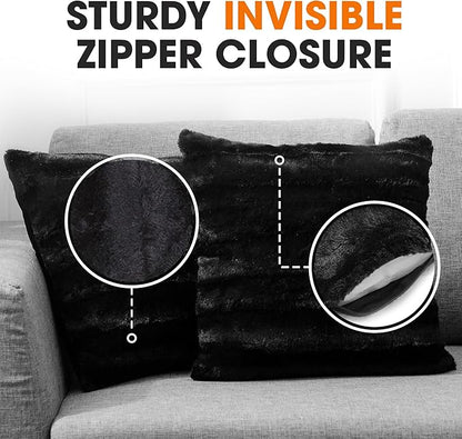 Cheer Collection Faux Fur Throw Pillows - Decorative Pillows for Couch, Bed Throw Pillows, Black Accent Pillows for Bedroom or Living Room Aesthetic, Set of 2 Furry Throw Pillows, 18”x18”