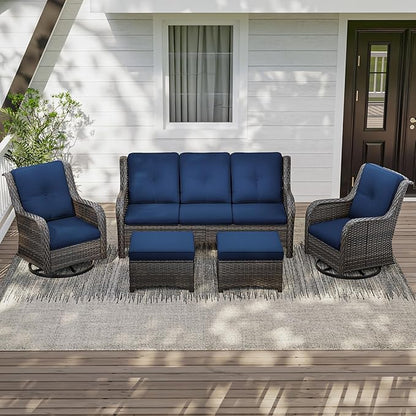 5 Pieces Outdoor Patio Furniture Set - Conversation Set Includes Wicker Swivel Rocker Chairs Set of 2, 2 Ottoman, 3 Seat Sofa, Suitable for Porch, Yard, Mixed Brown Rattan, Blue