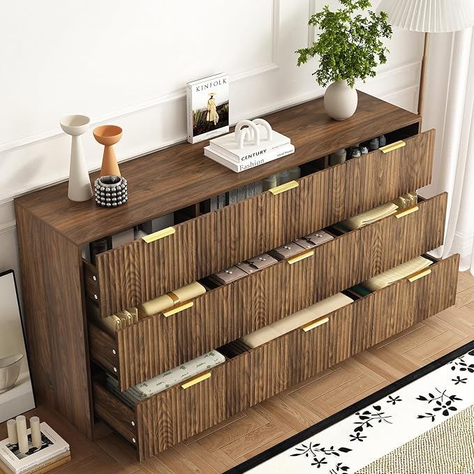 3-Piece Modern Bedroom Furniture Set, Wide 9-Drawer Dresser & 1-Drawer Nightstands Set of 2, Natural Wood Dresser and Nightstand Sets for Bedroom, Hallway, Walnut