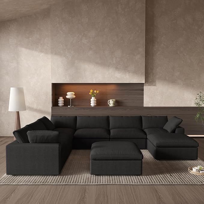 Cloud Couch Modular Sectional Sofa with Storage Ottomans,Oversized Down Filled 8 Seater Convertible Sectional Sofas, Black Wide Deep Seat Couch for Living Room,Covers Washable&Replaceable