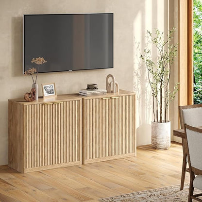 Evermagin 63" Oak Buffet Cabinet with Storage, Large Sideboard Cabinet, Boho Accent Credenza, Fluted Console Table with Doors for Dining Room, Kitchen, and Living Room