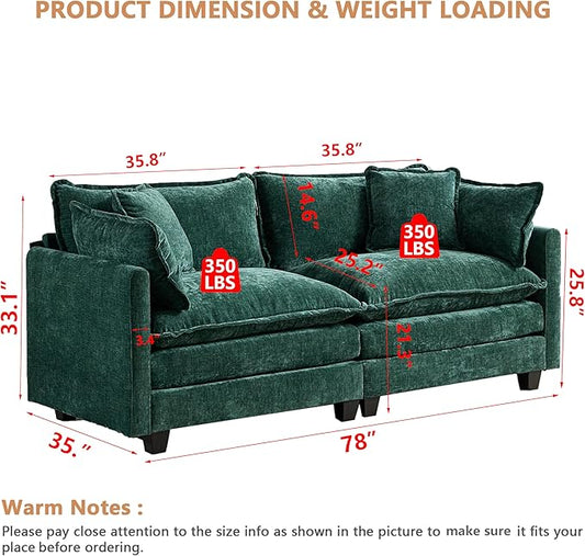 Aoowow Modular Sectional 2 Seater Cloud Sofa Couch for Living Room,78" Loveseat Couch with Deep Seat,Modern Chenille 2 Seat Sofas,Fluffy Small Couches for Bedroom,Small Spaces (Green, 2 Seater)