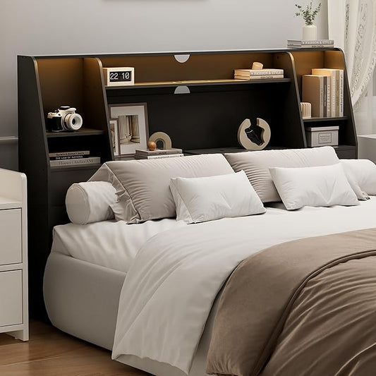 Queen/Full Headboard Queen Size with Storage, Wood Bookcase Headboard with Charging Station & 2 LED Lights, Modern Headboard Only for Queen Size Bed, Noise-Free, Sturdy and Durable, Black
