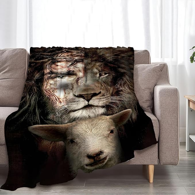 Christian Jesus Lion and Lamb Throw Blanket - Religious Gifts and Decor for Men Women Adults - Soft Warm Cozy Fleece for Couch Sofa Bed 80"x60"