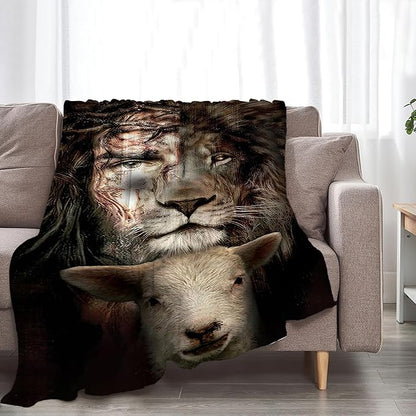 Christian Jesus Lion and Lamb Throw Blanket - Religious Gifts and Decor for Men Women Adults - Soft Warm Cozy Fleece for Couch Sofa Bed 60"x50"