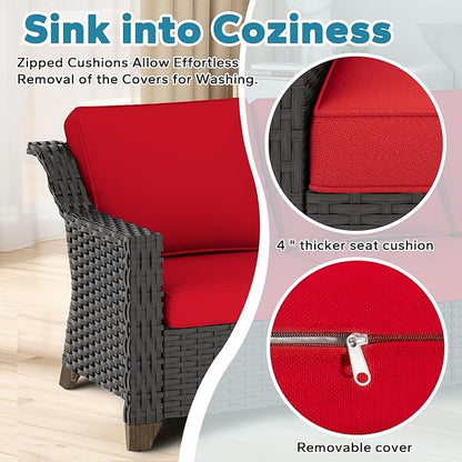 4 Pieces Outdoor Conversation Furniture Set - 77" Patio Sofa, 2 Wicker Armchairs, 1 Metal Coffee Table, Patio Wicker Furniture Set with Water-Resistant Cushions for Sunroom (Red)
