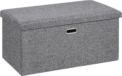 VECELO 30'' Folding Storage Ottoman Bench, End of Bed Linen Fabric Foot Rest Stool with Padded Seat, Large Footstools for Bedroom, Living Room, Load 500 lb, Grey