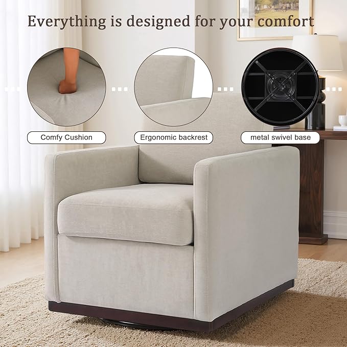 UIXE Swivel Accent Chair, Chenille Upholstered Armchair Comfy Club Chair for Living Room, Mid Century Modern Arm Chair Single Sofa Nook Bedroom Side Reading Seat - Beige