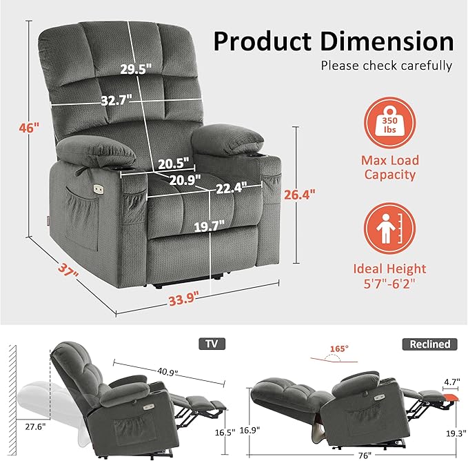 MCombo Large Dual Motor Power Lift Recliner Chair for Elderly, Massage and Heat, Lay Flat, Zero Gravity, Home Button, USB Port, Fabric 7680 (Large, Grey)